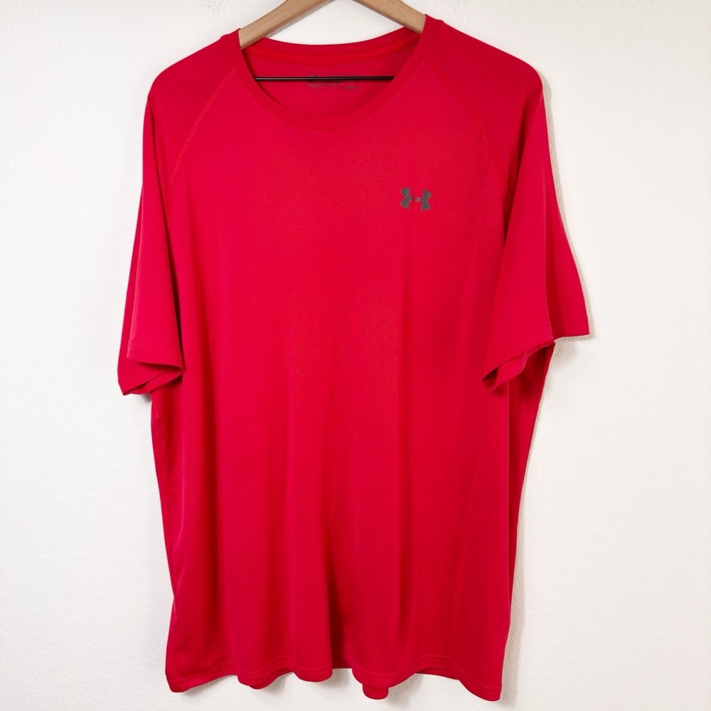 UNDER ARMOUR RED GREY SHORT SLEEVE ATHLETIC LOOSE MEN SHIRT SIZE XXL